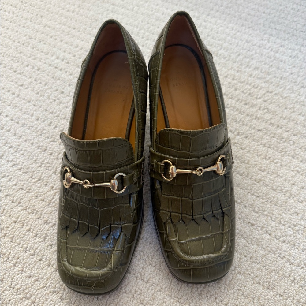 Sezane Olive Loafer Heels with Gold Detailing